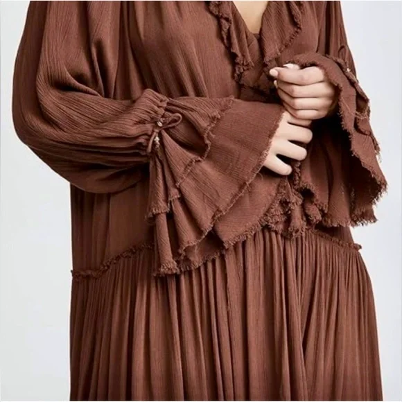 Free People Sweet Darling Long Sleeve Ruffle Dress in Brown -Boho -Size: S NWT! - Picture 2 of 11